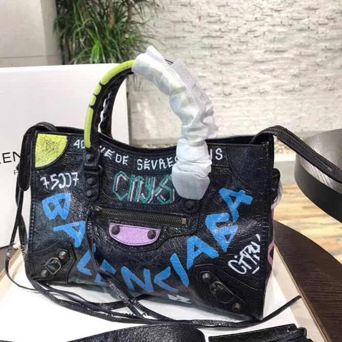 BALENCIAG巴黎世家 Balenciaga city 機車包 限量 原廠爆裂紋羊皮 塗鴉字母 手提肩背斜挎包  BL1696
